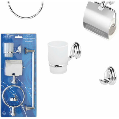 Set accessori bagno a muro 5 pezzi in vetro satinato con supporti cromati  Facile