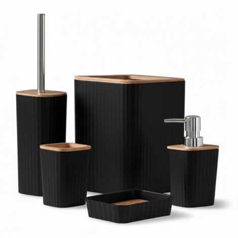 Set completo accessori bagno da appoggio in abs nero e bamboo Sur Set completo accessori bagno da appoggio in abs nero e bamboo Sur