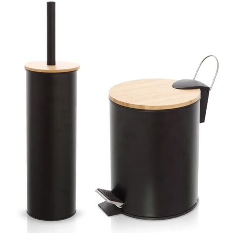 Set accessori bagno scopino e pattumiera nero in acciaio e bambù Haiti