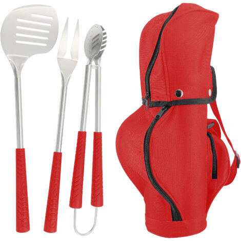 Set Accessori Barbecue 4 Pezzi con Borsa Porta Utensili Stile Golf – Utensili BBQ Pinza, Forchettone, Spatola in Acciaio Inox 430 Certificato per Alimenti – Manico Antiscivolo con Custodia e Tracolla