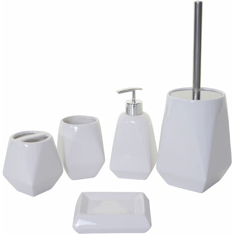 Portascopino Dispenser Portaspazzolino Portasaponetta Bianco BM 4087 Set di Accessori da Bagno in Ceramica 4 Pezzi 