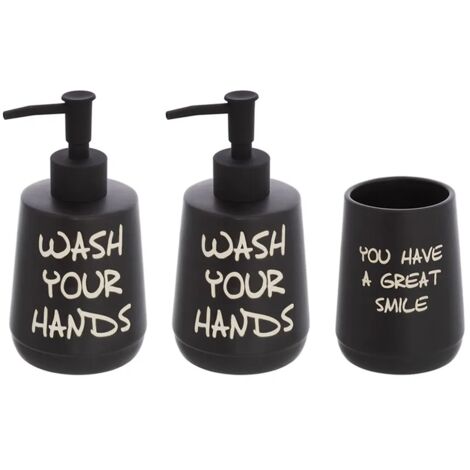 Set accessori linea Wash con 2 Dispenser portaspazzolini nero con scritte