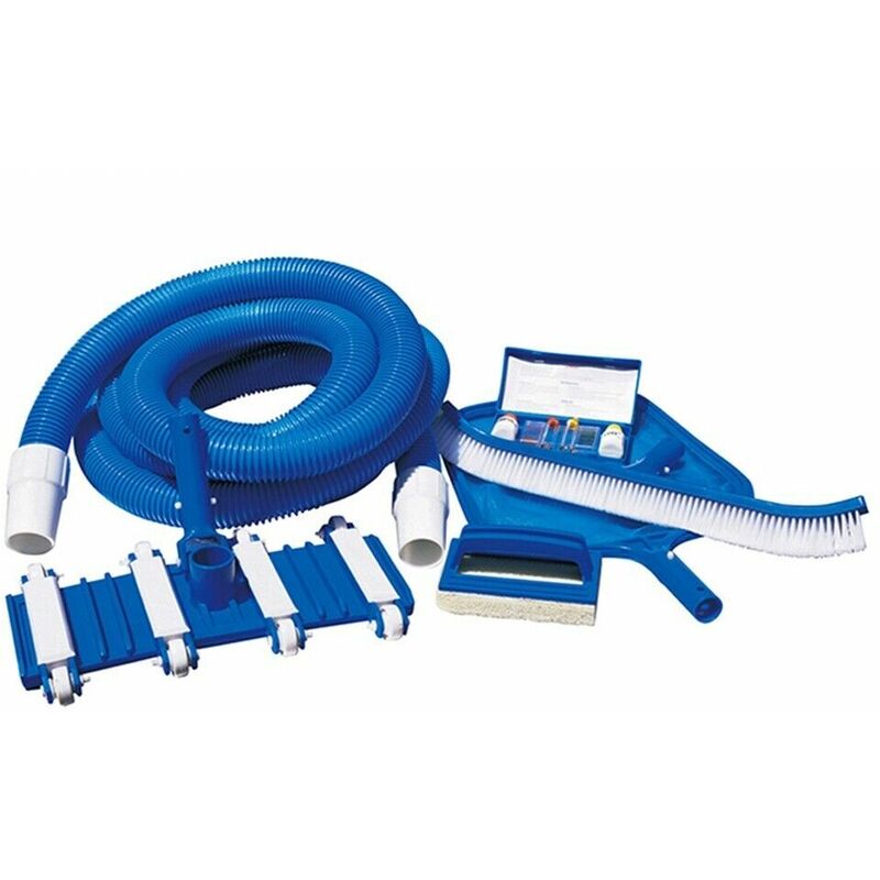 Image of Set accessori per pulizia e manutenzione piscina - 6 pezzi - con tubo, spazzola, retino, spugna e Test kit pH e cloro