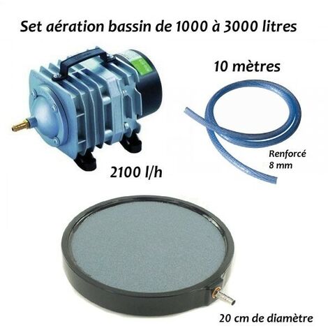 Set aérateur bassin de jardin de 1000 à 3000 l. Pompe à air bassin + 1 bulleur disque 20 cm