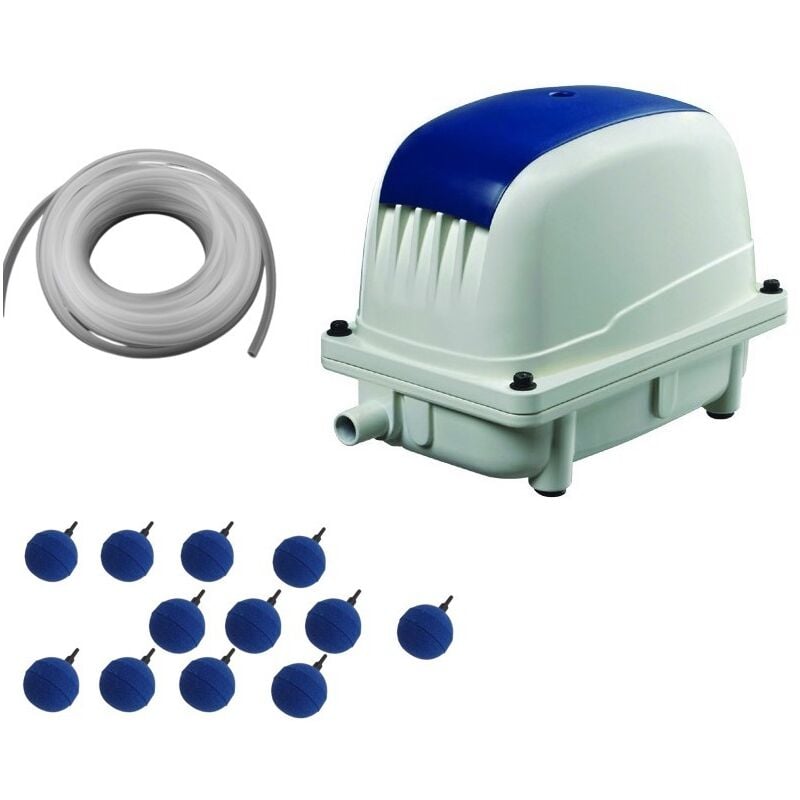 Set Aérateur Bassin Pompe à air 4800 l/h 12 Boules diffuseurs 5 cm de diamètre silencieux. Pour 8000 litres environ