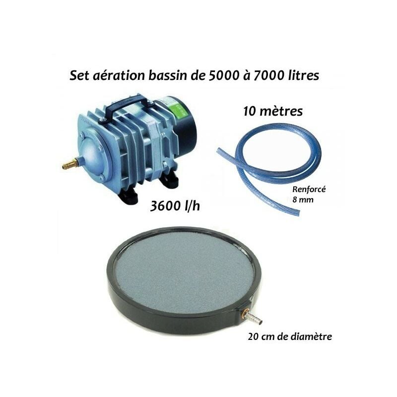 Set aérateur bassin de jardin de 5000, 6000 et 7000 l. Pompe à air bassin + 1 bulleur disque 20 cm