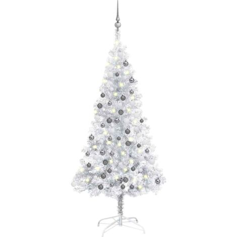Set Albero Natale Artificiale LED e Palline Argento 120cm PET