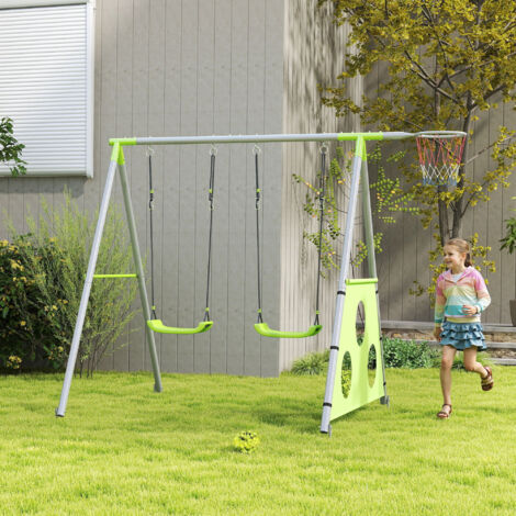 Set Altalene da Giardino 3 in 1 per Bambini 3-8 Anni con Altalena per Bambini, Canestro da Basket e Porta da Calcio, Gioco per Bambini con Telaio ad A in Metallo per Uso Esterno, Carico 90kg