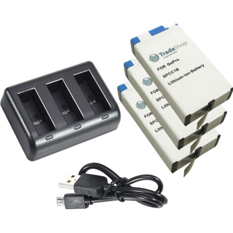 Set-Angebot: 3-fach Ladegerät + 3x Li-Ion Akku (3,85V / 1650mAh) für GoPro Max 360° 601-26762-000 SPCC1B+