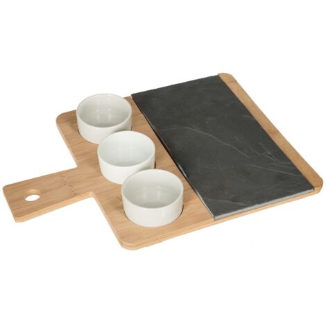 Set Apéritif Élégant avec 3 Coupelles en Céramique, 1 Plateau en Bambou et Ardoise - Idéal pour Dîners et Réceptions, Secret de Gourmet