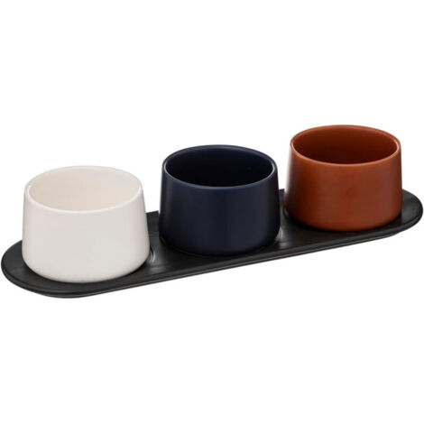 Set apéritif en céramique "Astra" avec plateau et 3 bols - Bleu/Blanc/Marron - L 31 x H 10,5 cm - Livraison gratuite
