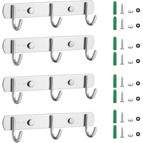 Set appendiabiti da parete composto da 4 pezzi con 3 ganci, robusto design in acciaio inox, ideale per gli abiti da bagno.