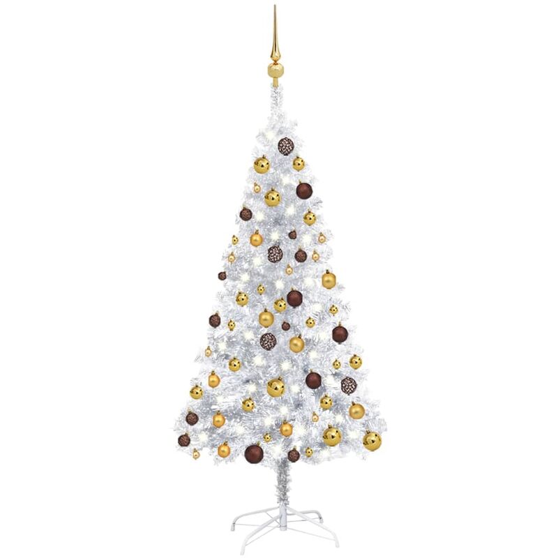 

Set árbol de Navidad artificial LED y bolas plateado PET 120 cm