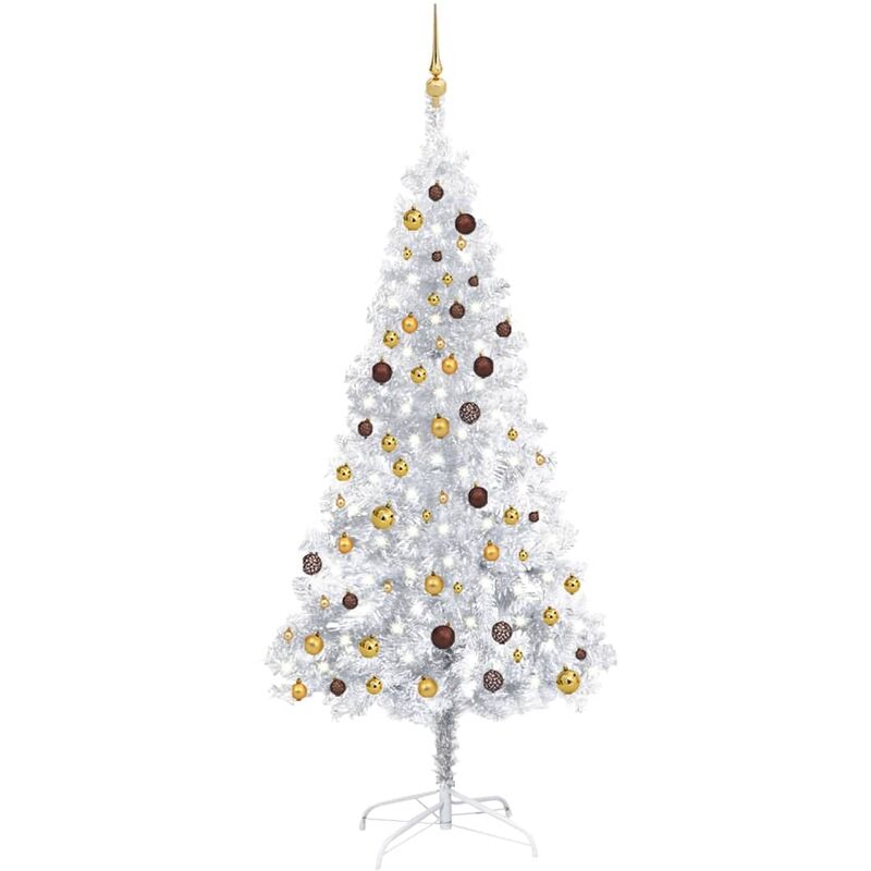 

Set árbol de Navidad artificial LED y bolas plateado PET 210 cm
