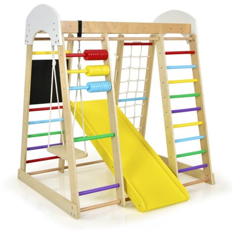 Set arrampicata 8 in 1 per bambini con abaco e altalena, Set arrampicata di legno con scivolo e scala Colorato
