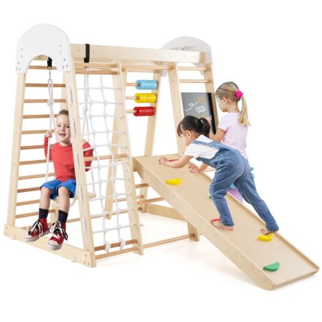 Set arrampicata 8 in 1 per bambini con abaco e altalena, Set arrampicata di legno con scivolo e scala Naturale
