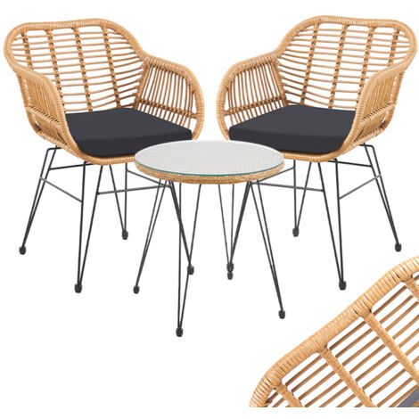 Set Arredo Giardino in Rattan con Tavolino Ripiano in Vetro e 2 Sedie da Esterno