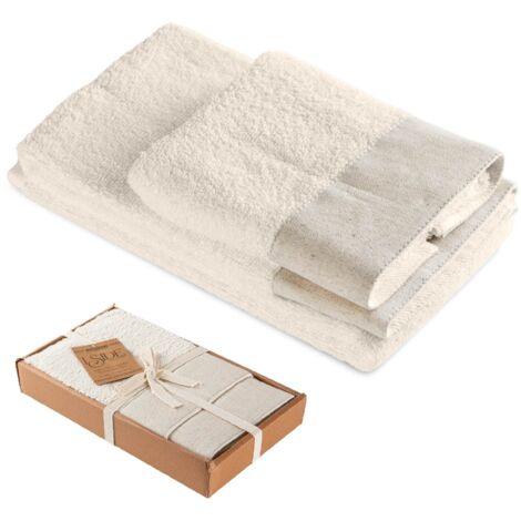 Set Asciugamani Bagno 2 Pezzi con Balza in Lino – Salvietta + Ospite – Morbidi, Super Assorbenti e Delicati sulla Pelle – Certificati OEKO-TEX – Eleganti e Resistenti  Panna