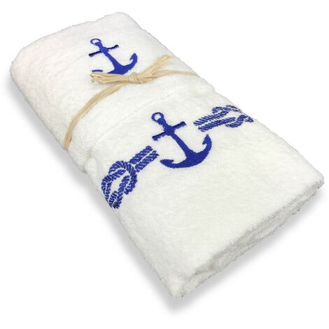 3 Asciugamani In Cotone Ricamati Tema Marino - Stelle Marine, Conchiglie E Cavalluccio - 75x35 Cm, Blu E Bianco