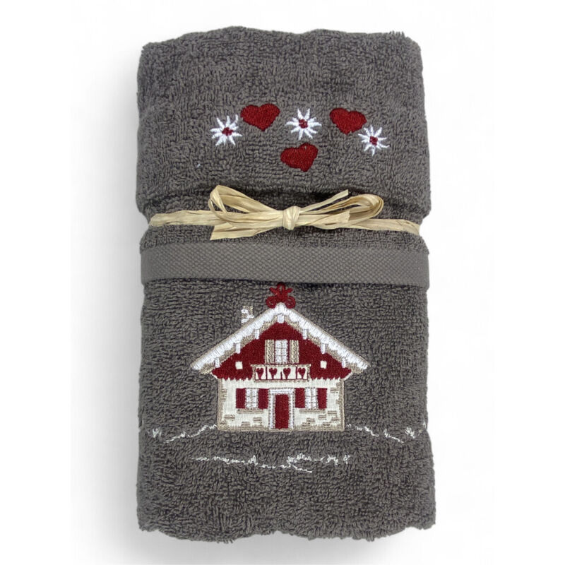 Serviette tyrolienne Grey House - Tyrol - 100 % coton éponge - Chalet de montagne Broderie Made in Italy