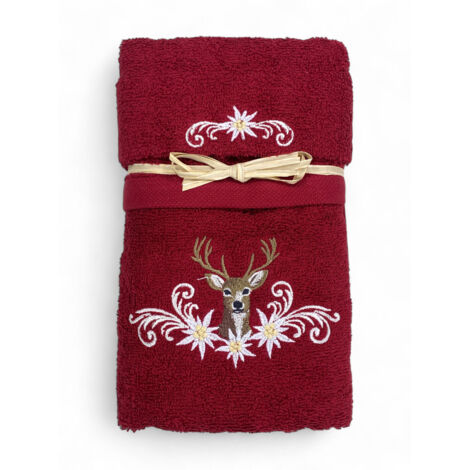 Set Asciugamani Tirolese Cervo e Stelle Alpine Bordeaux - Tirolo - Spugna 100% Cotone - Ricamo Made in Italy