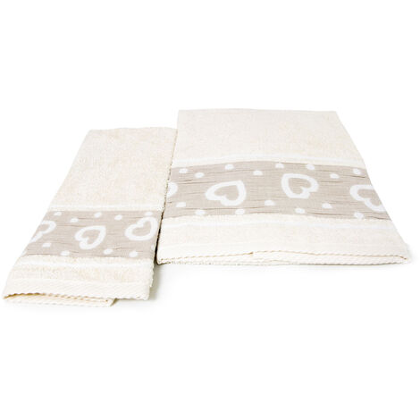 Set Asciugamano Copiola Salvietta Bagno In Spugna 100% Cotone Mod Amore Beige