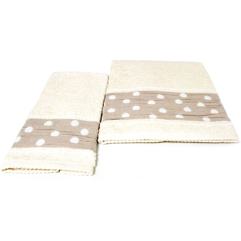 Set Asciugamano Copiola Salvietta Bagno In Spugna 100% Cotone Mod Pois Beige