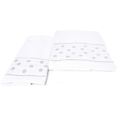 Set Asciugamano Copiola Salvietta Bagno In Spugna 100% Cotone Mod Pois Bianco