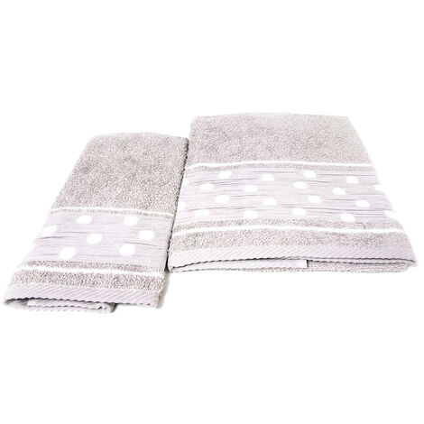 Set Asciugamano Copiola Salvietta Bagno In Spugna 100% Cotone Mod Pois Tortora