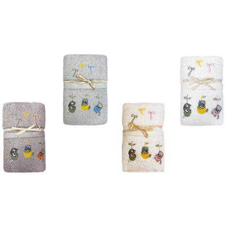 Set Asciugamano Copiola Salvietta Bagno Spugna 100% Cotone Gatto Gomitolo, misuraCopiolacoloreGrigio
