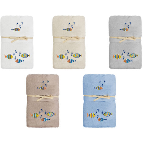 Set Asciugamano Copiola Salvietta Bagno Spugna 100% Cotone Pesciolini Colorati, misuraCopiolacoloreTortora