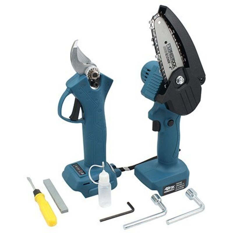 Ferrestock - Set Astschere+Mini-Kettensäge 21v s-b