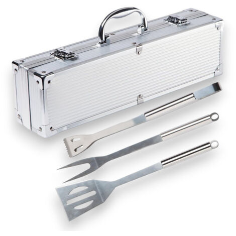 Set attrezzi 3 pezzi barbecue con valigetta pinza spatola forchetta in acciaio