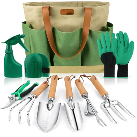 Set Attrezzi da Giardinaggio 10 Pezzi  – Kit Completo con Paletta, Trapiantatore, Forchetta, Rastrello, Forbici da Potatura, Guanti, Spruzzino e Ginocchiere – Attrezzi Giardino con Manico Ergonomico