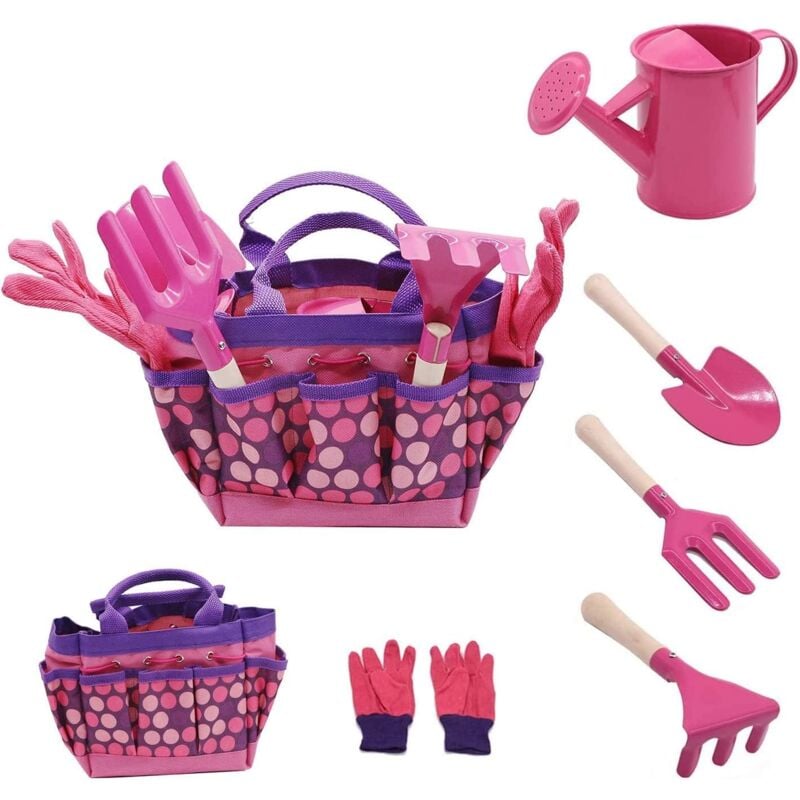Jusch - Set Attrezzi da Giardinaggio per, Set Attrezzi da Giardino 6 Pezzi per, Guanti da Giardinaggio, Pala, Rastrello, Cazzuola (Pink)