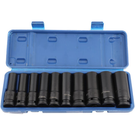 Set aus 10 robusten, hochbelastbaren 1/2"-Sechskant-Schlagschraubernüssen aus Chrom-Molybdän-Stahl.