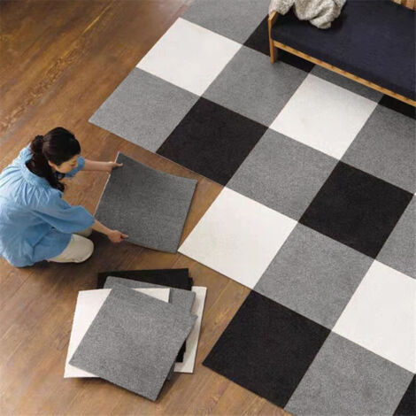 Set aus 10 selbstklebenden, ineinandergreifenden quadratischen Teppichen 30 x 30 m, minimalistischer nordischer Stil, dick, rutschfest und waschbar (Hellgrau + Schwarz + Warmweiß)