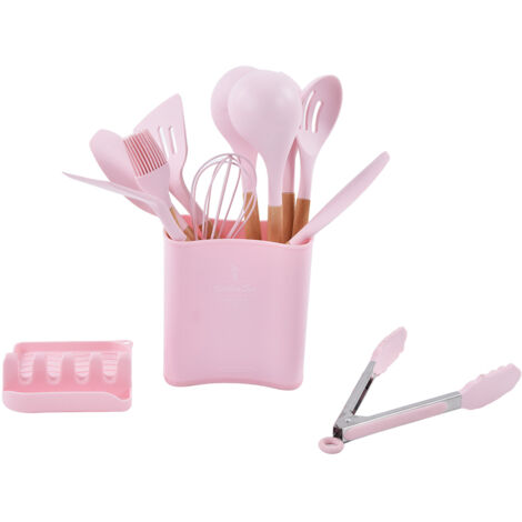 Set aus 13 antihaftbeschichteten Silikon-Küchenhelfern mit Holzgriffen, ideal für Zuhause und Camping, lebensmittelecht und wärmeisolierend.