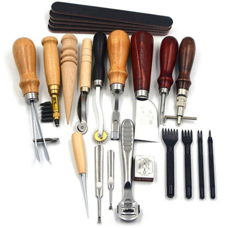 Set aus 19 Ledermarkierungs- und Lochwerkzeugen, ideal zum Nähen, Gravieren und für DIY-Lederprojekte.