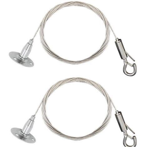 Set aus 2 Edelstahlseilen mit Selbstverriegelungsmechanismus - Aufhängehaken und -scheibe - Zum Aufhängen von Leuchtschildern oder Lampen - 2 m - Maximal 30