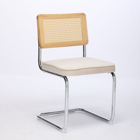 Set aus 2 Esszimmerstühlen, Freischwinger-Design, Rückenlehne aus Rattan, samtbeige Farbe