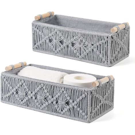 Set aus 2 handgeflochtenen Makramee-Aufbewahrungskörben für Badezimmerablage, Regal für Schlafzimmer, Kinderzimmer, Wohnzimmer, Zuhause – Grau