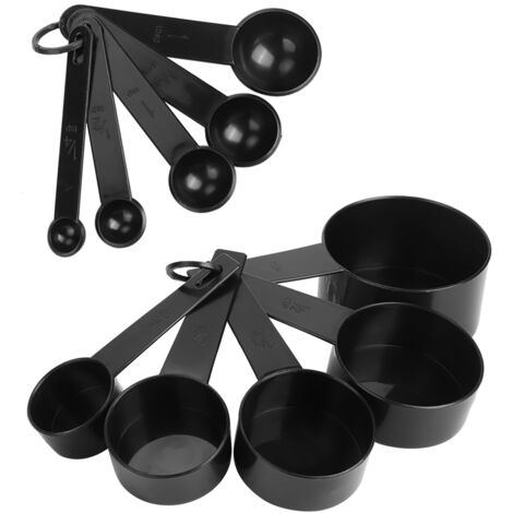 Set aus 2 Messlöffeln und -bechern aus Kunststoff mit Skala, schwarzes Küchenaccessoire zum Selberbacken