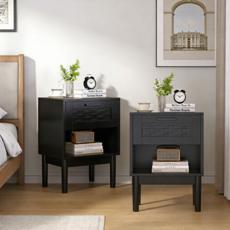 Set aus 2 Nachttische aus Rattan, Moderner Nachttisch mit 1 Schublade und offenem Fach, Holzbeine, Beistelltisch 40x30x55cm, Schwarz