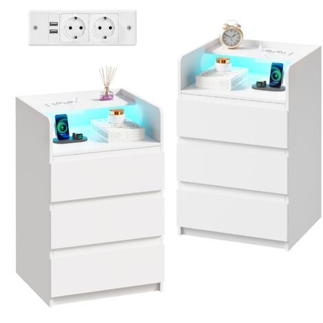Set aus 2 Nachttischen mit verstellbarer LED-Beleuchtung, Steckdose und USB-Anschluss