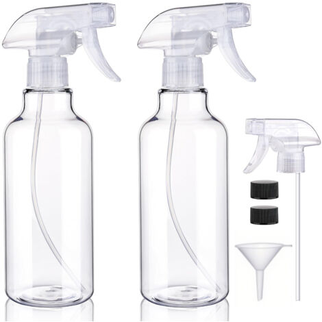 Set aus 2 robusten 500-ml-Spendern aus Kunststoff, mit einstellbarer Sprüh-/Nebelfunktion, Trichter, Düsen und schwarzen Kappen. Transparent.