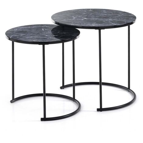 Set aus 2 runden Couchtischen in Marmoroptik und Stahl Omaha - Schwarz