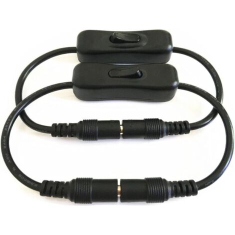 Set aus 2 schwarzen 12V DC Kippschaltern (5,5 mm x 2,1 mm Stecker, männlich/weiblich) mit Verlängerungskabel und Netzkabel.