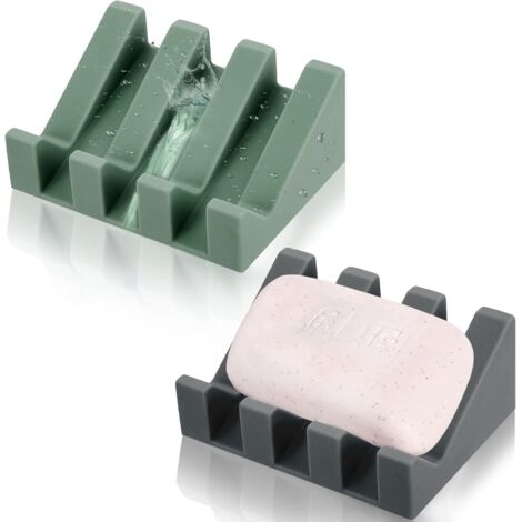 Set aus 2 Silikon-Seifenschalen, selbstentleerendes Design, Wasserfall-Seifenschale für Dusche und Küche, inklusive Seifenschutz und Abflusszubehör, dunkelgrau und hellgrün.