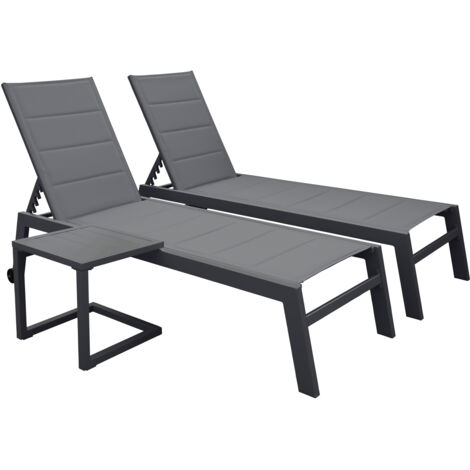 Set aus 2 Sonnenliegen und Beistelltisch BARBADOS aus grauem Textilene - Aluminium anthrazitgrau